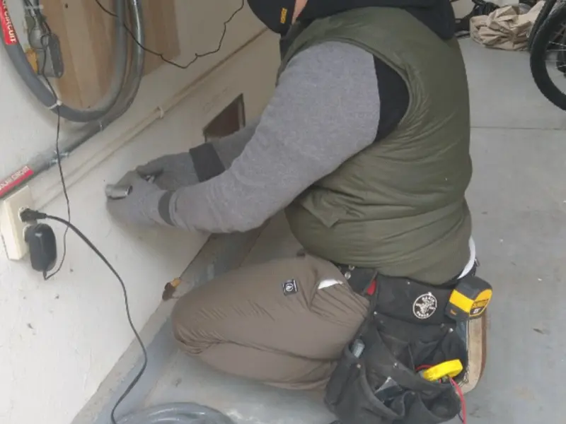 Electrician performing outlet wiring in a Scott City garage